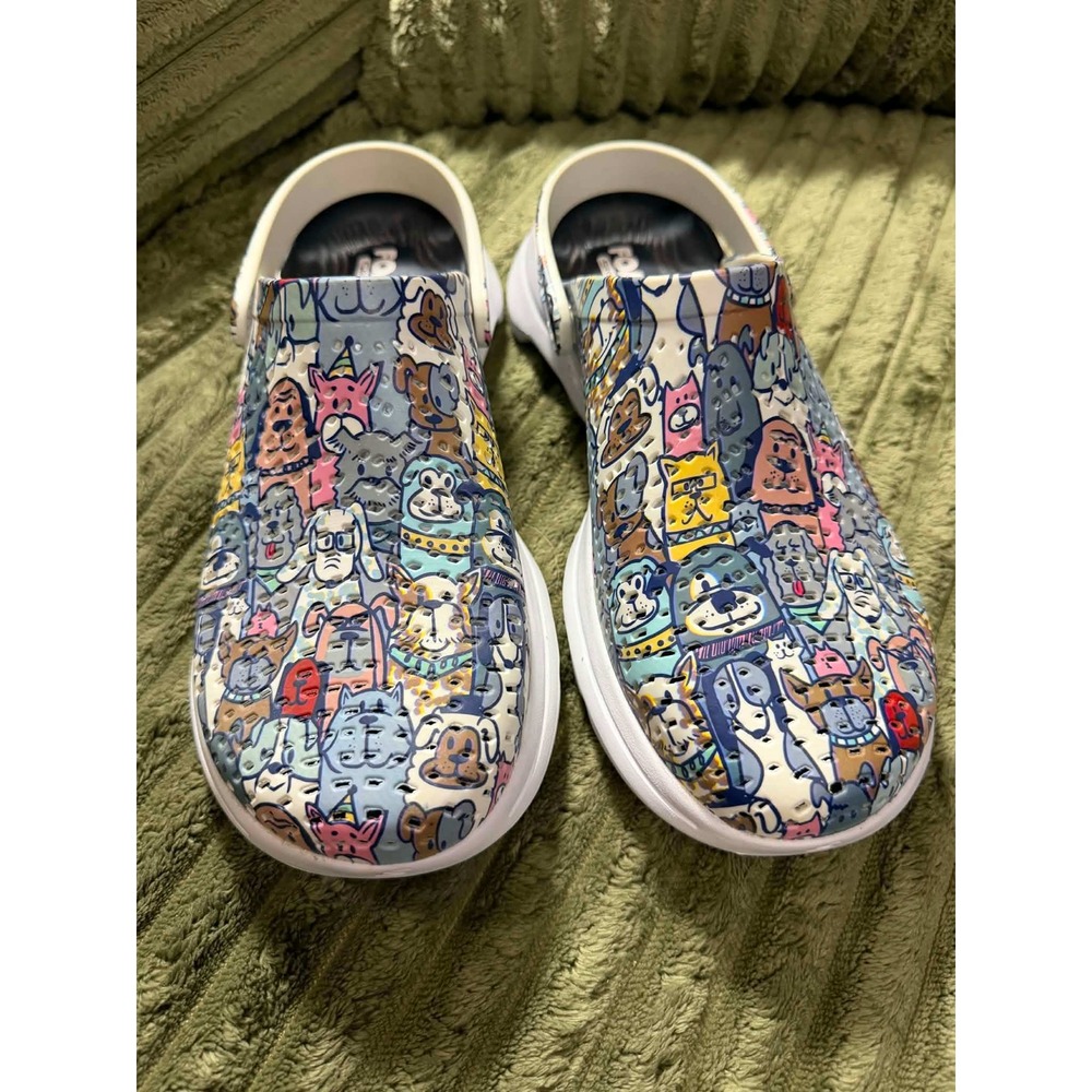 Skechers Womens 9 Multicolor BOBS Foamies Dog Print Clogs Slip On Shoes
